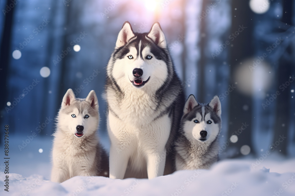 Family of Siberian Husky dog in winter forest. Wildlife Animals. Family of Siberian Husky dog in winter forest. Wildlife Animals.