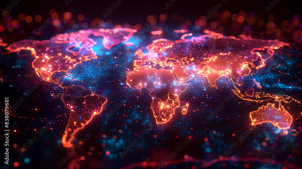 Glowing world map with connected dots network, global technology concept Glowing world map with connected dots network, global technology concept