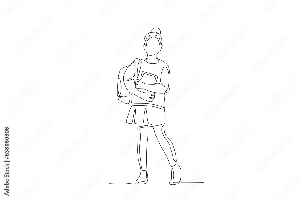 Girls preparing to go to school. Back to school concept one-line drawing Girls preparing to go to school. Back to school concept one-line drawing
