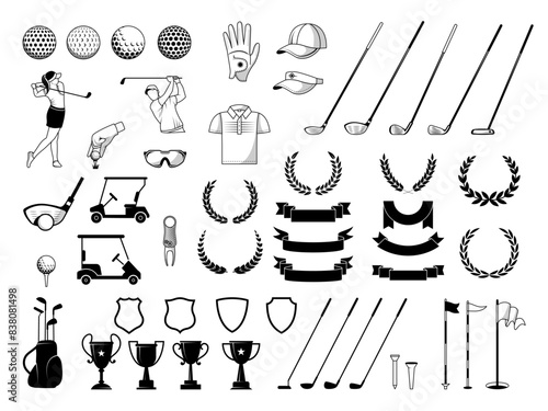 Golf collection. Sport equipment for golf game balls stick achievement cups and ribbons with place for text recent vector template collection