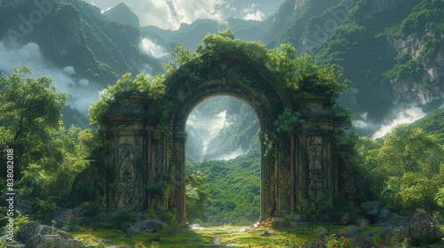 Magical Open Door in a Dense Realistic Forest Leading to a Lush Green Valley