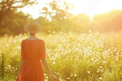 Serene Model in Summer Attire Standing in Sunlit Meadow with Copy Space on Left