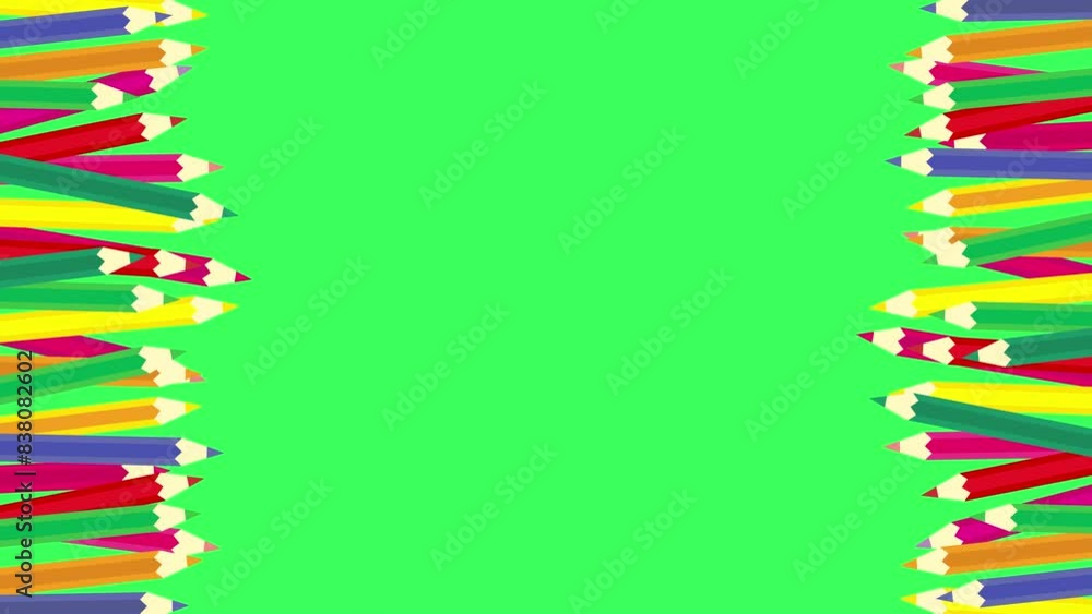 Vibrant color pencils animation appears from both sides, against green screen background. back-to-school projects, kids' summer camp activities, used for animated summer camp fun videos. Text space.4k Vibrant color pencils animation appears from both sides, against green screen background. back-to-school projects, kids' summer camp activities, used for animated summer camp fun videos. Text space.4k
