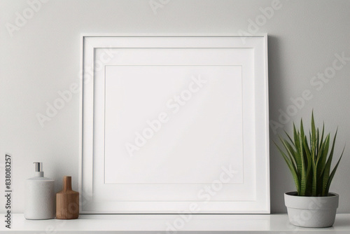 Imagen mínima de marco cuadrado blanco vacío simulada colgada sobre fondo de pared blanca con luz y sombra de ventana. aislar imagen  © Fabian