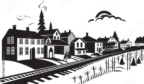 Rural Reverie Logo and Iconic Village Scene Picturesque Village Retreat Vector and Graphic Art