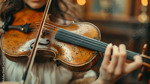 Antique violin on weathered wooden surface with sheet music