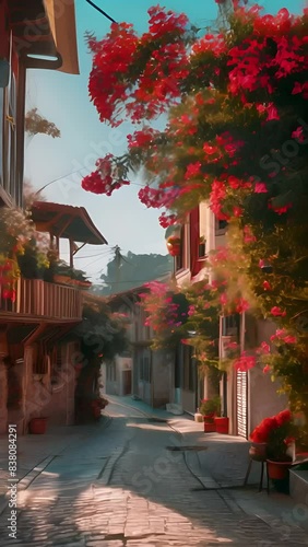 The street of the southern town with red flowers photo