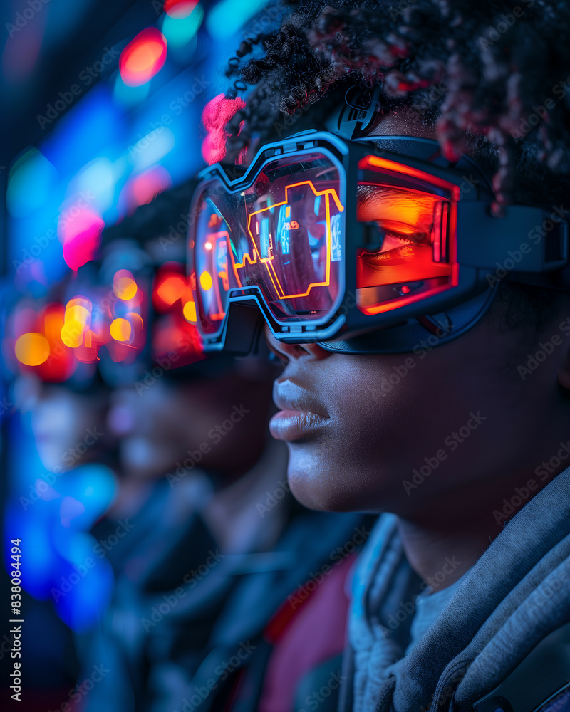Futuristic African American woman with glowing neon VR glasses Futuristic African American woman with glowing neon VR glasses