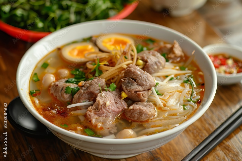 A bowl of Vietnamese beef noodle soup with soft-boiled eggs and bean sprouts