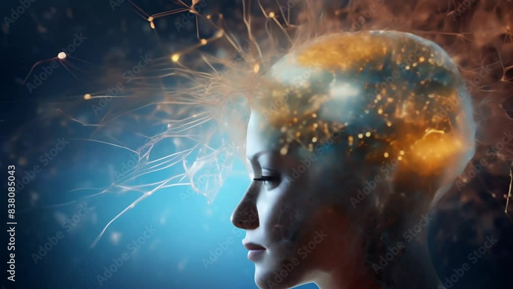 The woman's head with neurons sparkling on a blue background The woman's head with neurons sparkling on a blue background