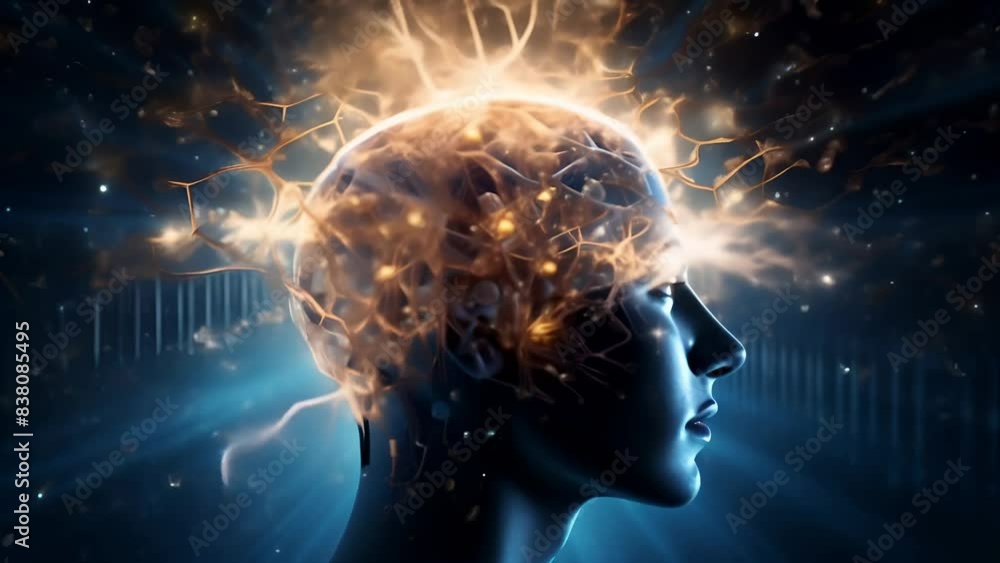 The woman's head with neurons sparkling The woman's head with neurons sparkling