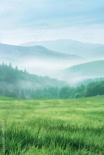 A misty morning landscape with rolling green hills and a field of tall grass in the foreground.