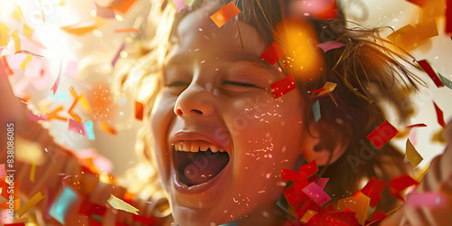 A child giggles as confetti bursts into the air at their birthday party