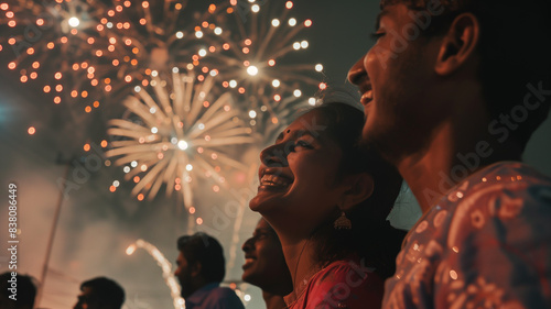 A candid shot capturing the joyous expressions of spectators as fireworks light up the night sky during Independence Day celebrations photo