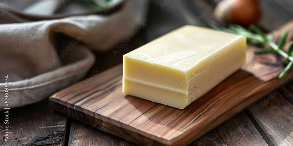 A piece of cheese is placed on a rectangular wooden cutting board, ready to be used as an ingredient in a delicious dish A piece of cheese is placed on a rectangular wooden cutting board, ready to be used as an ingredient in a delicious dish
