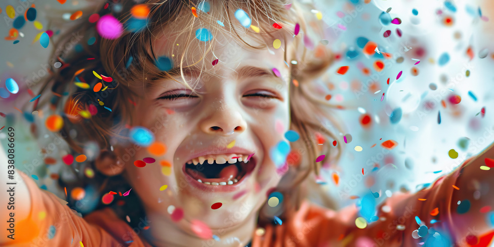 A child giggles as confetti bursts into the air at their birthday party A child giggles as confetti bursts into the air at their birthday party