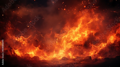 Fiery flames with sparks  framing red background  intense heat  dramatic and vibrant scene