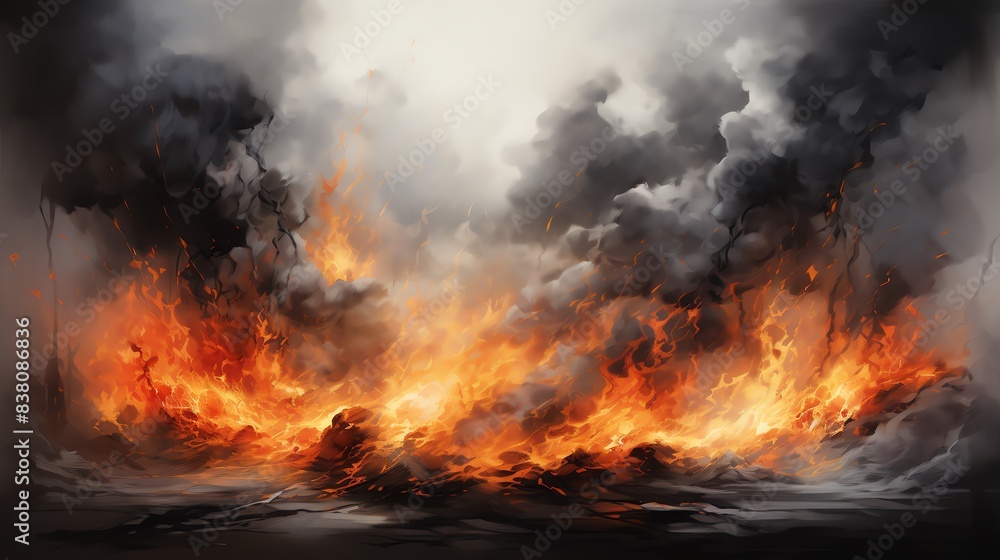 Charcoal with flames and smoke, top and bottom edges, white background, bright fire, dramatic and intense look Charcoal with flames and smoke, top and bottom edges, white background, bright fire, dramatic and intense look