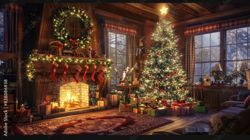 A cozy and festive New Year's Eve celebration inside a beautifully decorated living room A cozy and festive New Year's Eve celebration inside a beautifully decorated living room