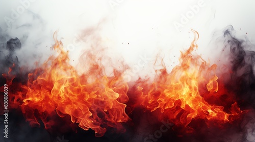 Burning coals with fiery flames, top and bottom borders, white backdrop, smoke effect, intense heat scene