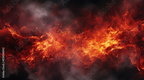 Burning coals with fiery flames  top and bottom borders  white backdrop  smoke effect  intense heat scene
