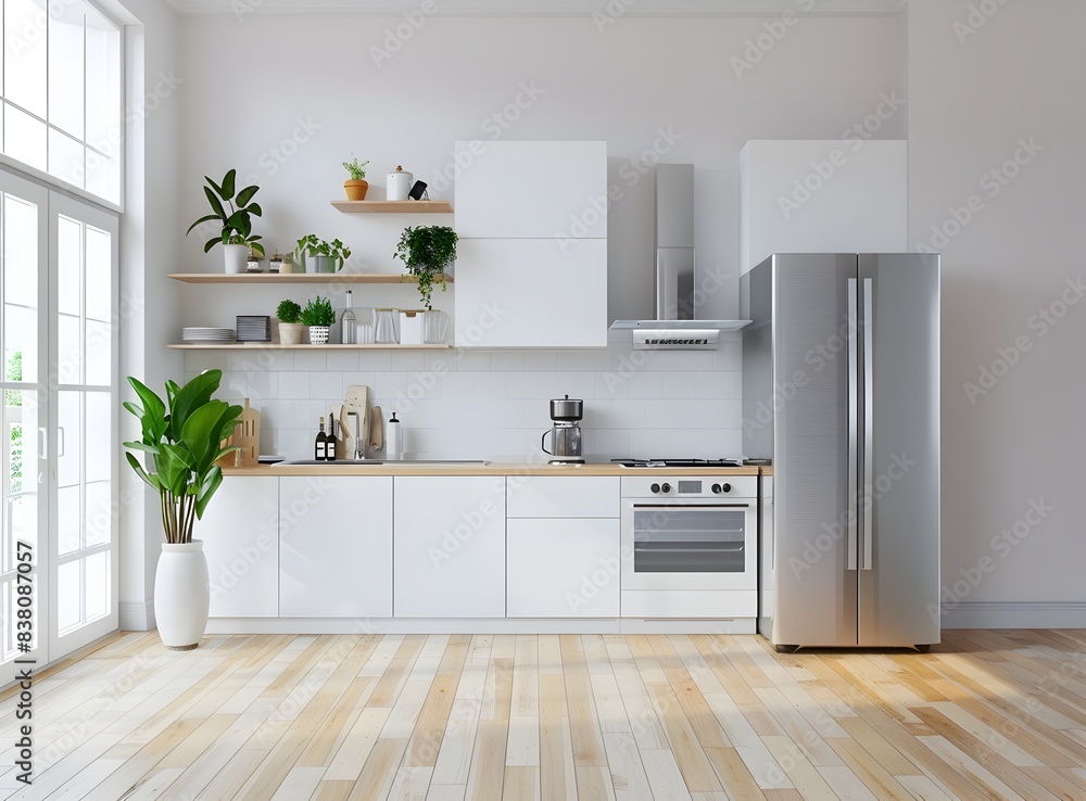 Modern kitchen interior with light wooden floor and white cabinets Modern kitchen interior with light wooden floor and white cabinets