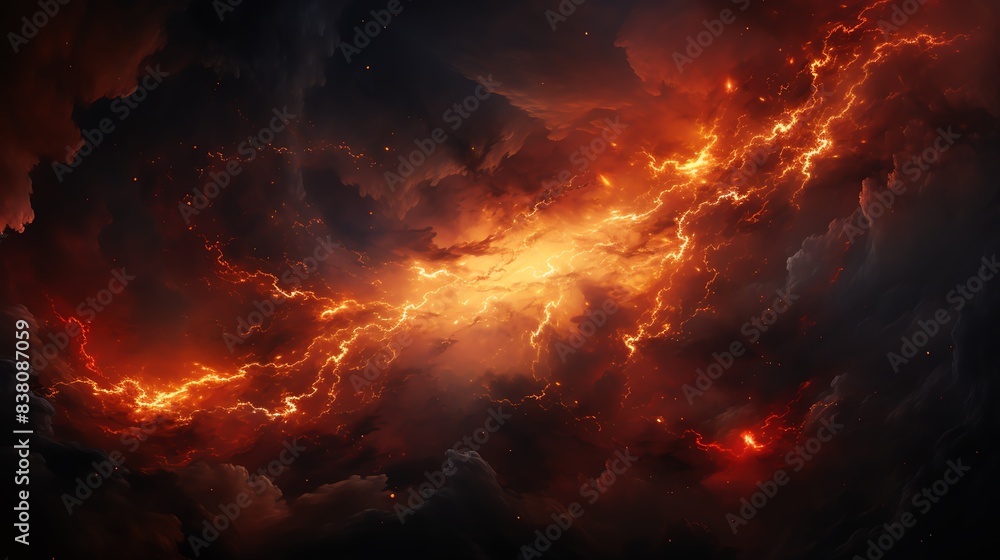 Fiery cosmic nebula with dark swirling clouds, intense orange and yellow hues, dramatic light, space atmosphere Fiery cosmic nebula with dark swirling clouds, intense orange and yellow hues, dramatic light, space atmosphere