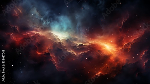 Glowing nebula with bright fiery clouds, dark space, vivid orange and yellow tones, intense lighting, cosmic view photo