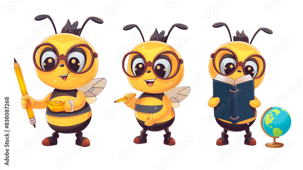 Fototapeta premium Cute cartoon bees buzzing on a transparent background, perfect for designs