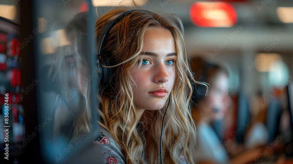 Teenage girl with headphones gazing out window Teenage girl with headphones gazing out window