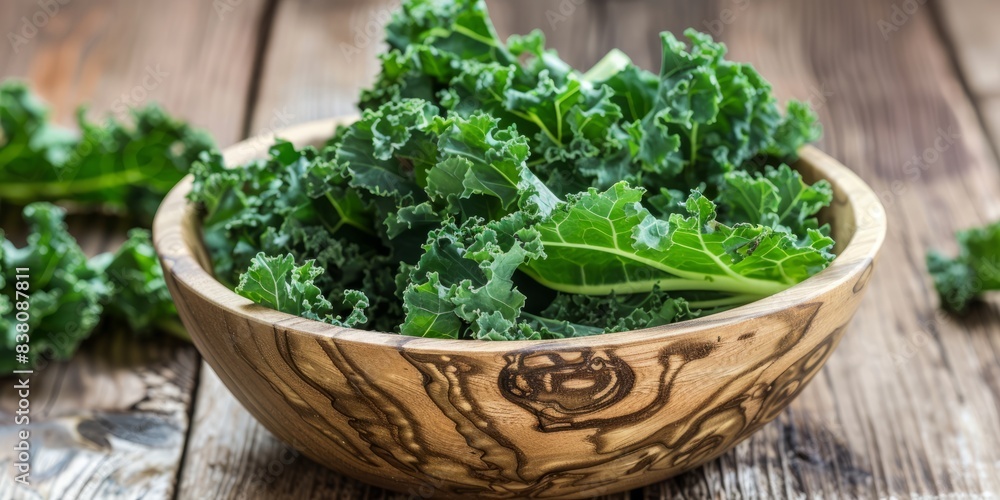 Rustic wooden bowl filled with fresh kale leaves on a wooden table Rustic wooden bowl filled with fresh kale leaves on a wooden table