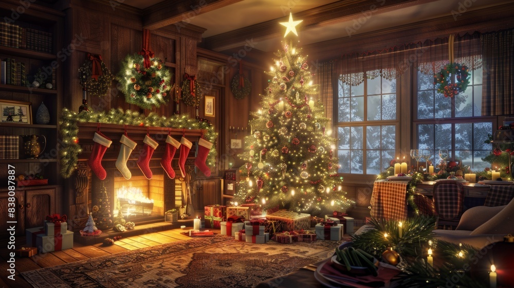 Interior christmas. magic glowing tree, fireplace, gifts. Interior christmas. magic glowing tree, fireplace, gifts.