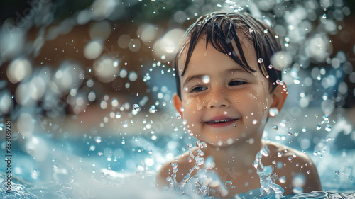 a child joyfully playing in the rain, their face lit up with happiness as they splash in puddles © mittpro