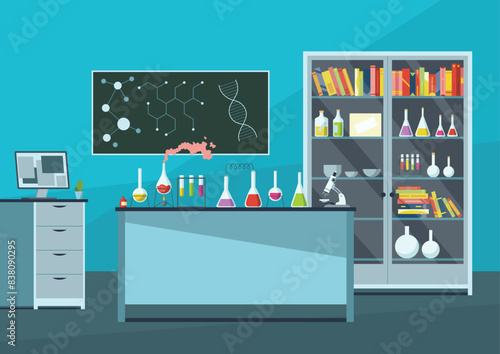 Science researching chemical lab. Professional work of scientific research. Molecular engineering vector concept. Modern scientific chemical laboratory or chemistry classroom interior