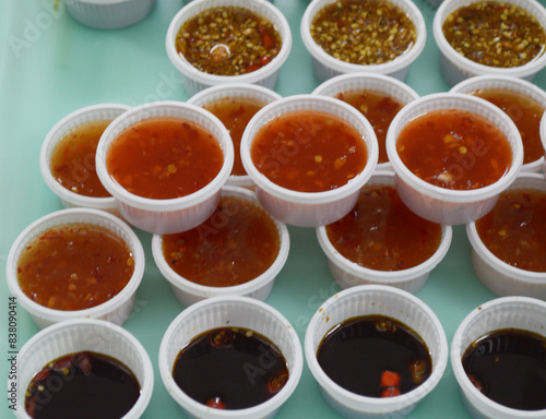 spicy sauces on table
