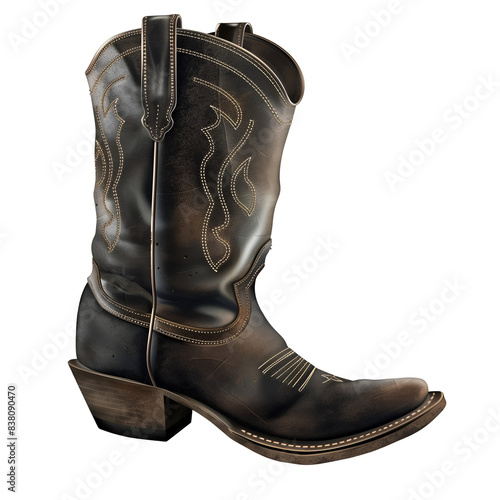 Brown Leather Cowboy Boot With Decorative Stitching, Isolated on a Transparent Background, Graphic Resource