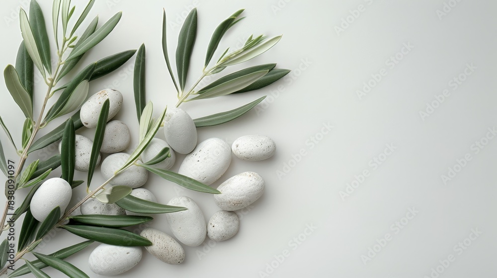 A photograph capturing an olive branch surrounded by white stones A photograph capturing an olive branch surrounded by white stones