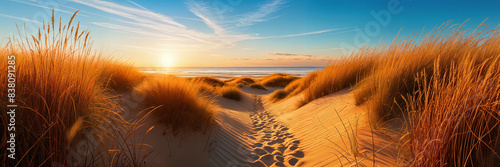 A serene beach scene at sunset  with the warm glow of the sun illuminating the sand and casting long shadows. The sky is painted with hues of orange and blue.