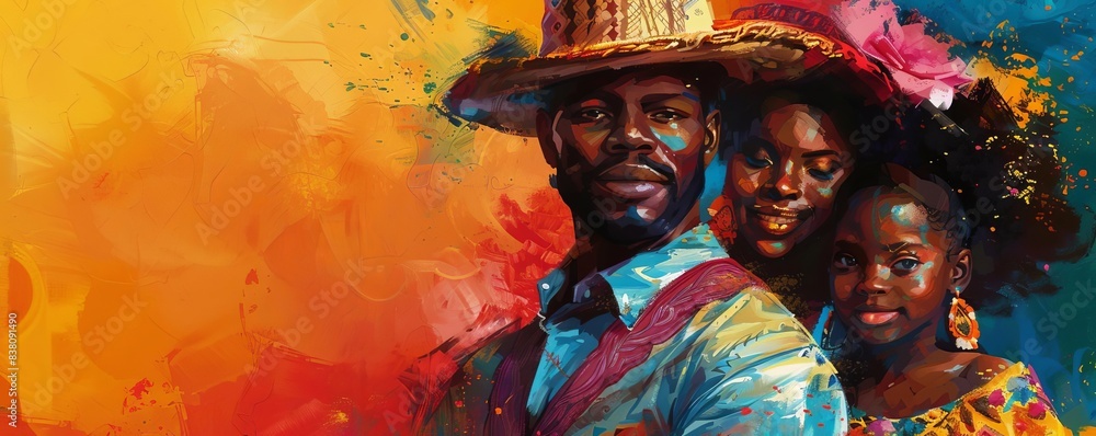 African American family in traditional attire celebrating Juneteenth, vibrant colors, festive atmosphere, digital painting, detailed faces and joyful expressions African American family in traditional attire celebrating Juneteenth, vibrant colors, festive atmosphere, digital painting, detailed faces and joyful expressions