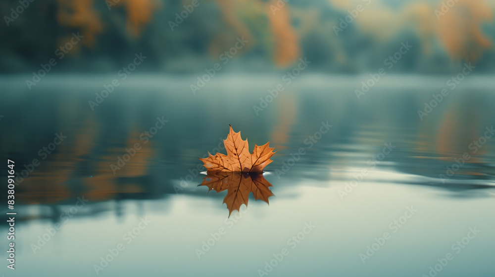 A single leaf floating on a still reflective pond A single leaf floating on a still reflective pond