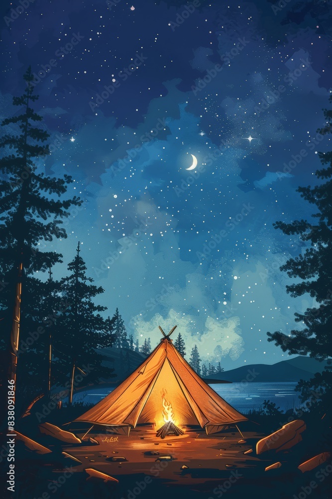 Starry Night Camping Scene with Illuminated Tent and Campfire in Forest by Lake Under Crescent Moon and Starry Sky Starry Night Camping Scene with Illuminated Tent and Campfire in Forest by Lake Under Crescent Moon and Starry Sky
