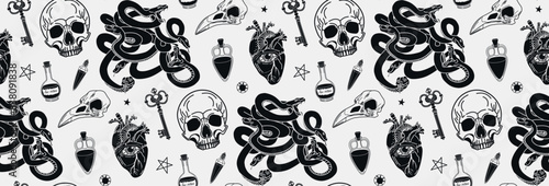 Seamless pattern. Vector illustration. Alchemical elements. Mystical pattern. Gothic ornament. Halloween pattern. hand drawn magical illustrations. Graphic background in vintage style.