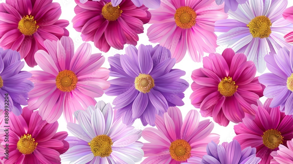 Vibrant Close-Up of Colorful Daisy Flowers in Full Bloom Against a White Background, Showcasing Pink, Purple, and White Petals in a Stunning Floral Pattern Vibrant Close-Up of Colorful Daisy Flowers in Full Bloom Against a White Background, Showcasing Pink, Purple, and White Petals in a Stunning Floral Pattern