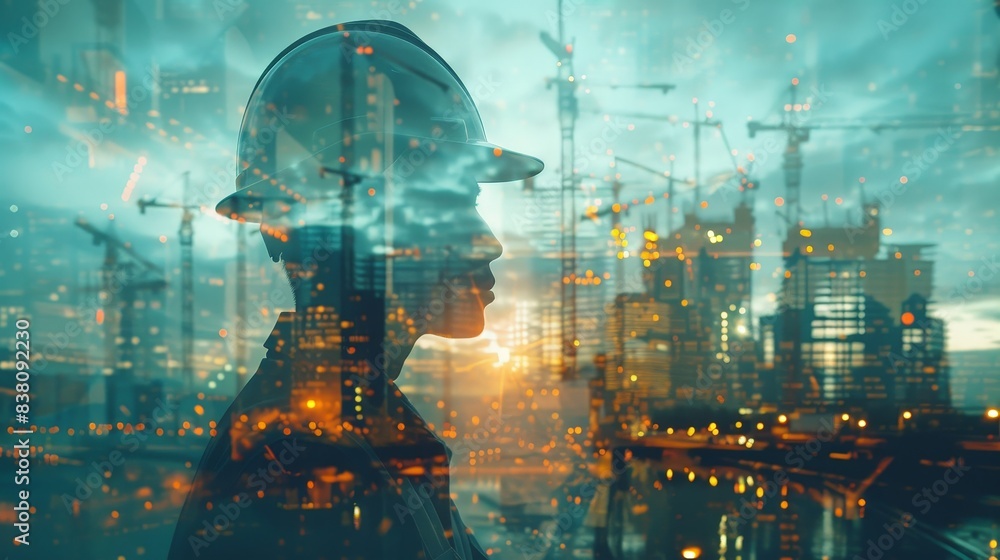 Double Exposure of Engineer with Hard Hat Overlooking Urban Construction Site at Sunset with Cityscape and Cranes in Background Double Exposure of Engineer with Hard Hat Overlooking Urban Construction Site at Sunset with Cityscape and Cranes in Background