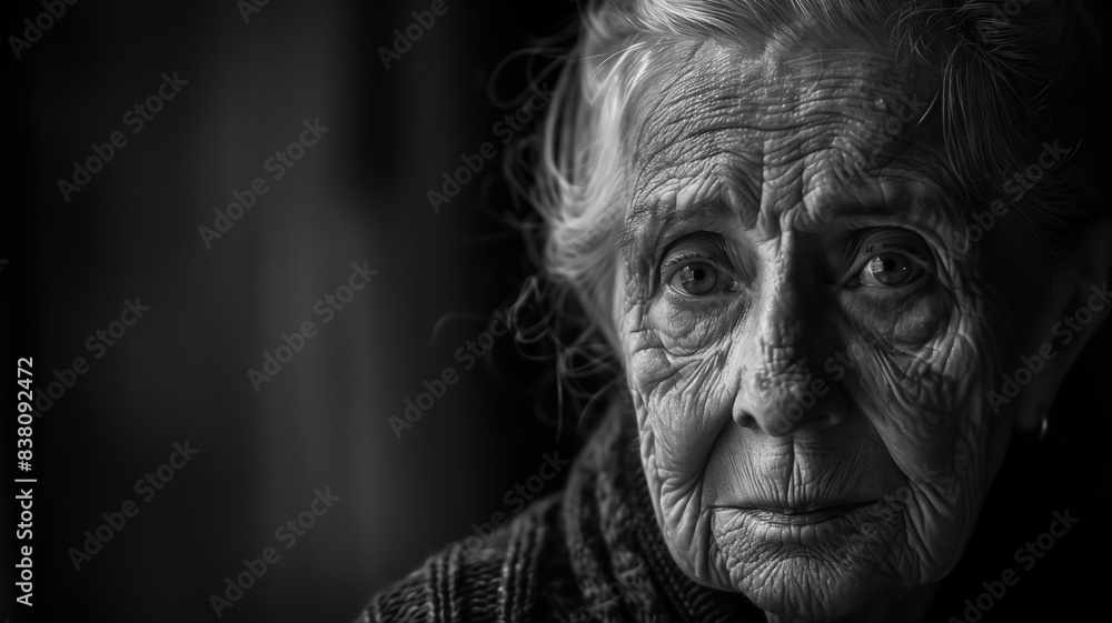 an elderly woman with deep lines on her face each wrinkle telling a story of a life well lived set against a simple dark background an elderly woman with deep lines on her face each wrinkle telling a story of a life well lived set against a simple dark background