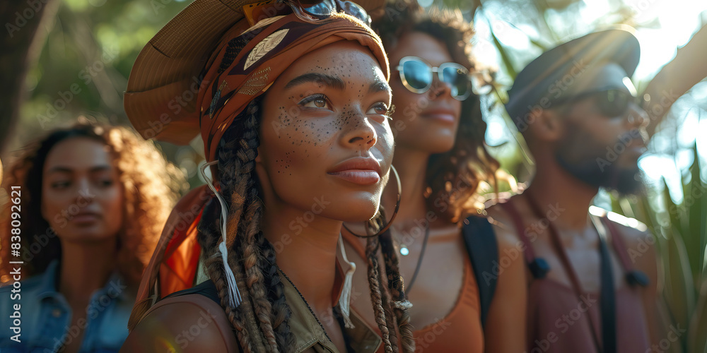 Earth-friendly Adventurers: A diverse group of individuals, dressed in nature-inspired attire, explore the great outdoors and take part in eco-conscious activities