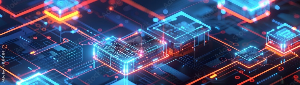 Futuristic Digital Circuit Board with Glowing Neon Lights and Microchips Representing Advanced Technology and Innovation in Electronics and Computing Futuristic Digital Circuit Board with Glowing Neon Lights and Microchips Representing Advanced Technology and Innovation in Electronics and Computing