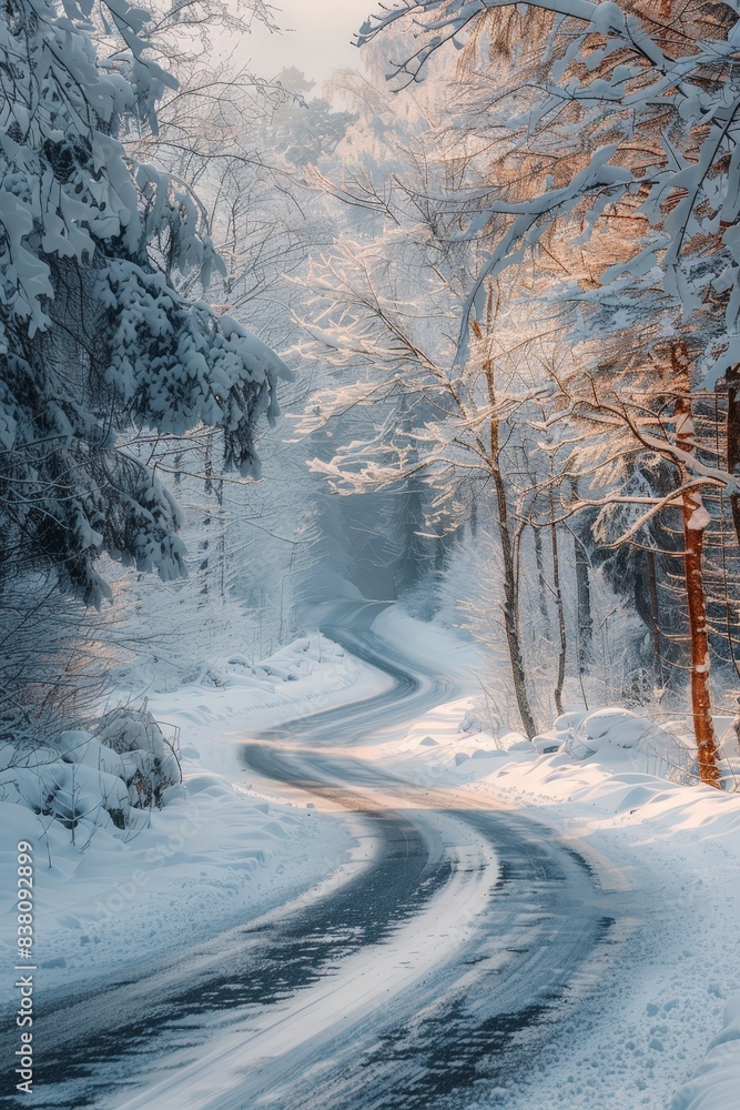 Serene Winter Wonderland: Snow-Covered Winding Road Through Frosty Forest with Sunlight Filtering Through Trees Serene Winter Wonderland: Snow-Covered Winding Road Through Frosty Forest with Sunlight Filtering Through Trees