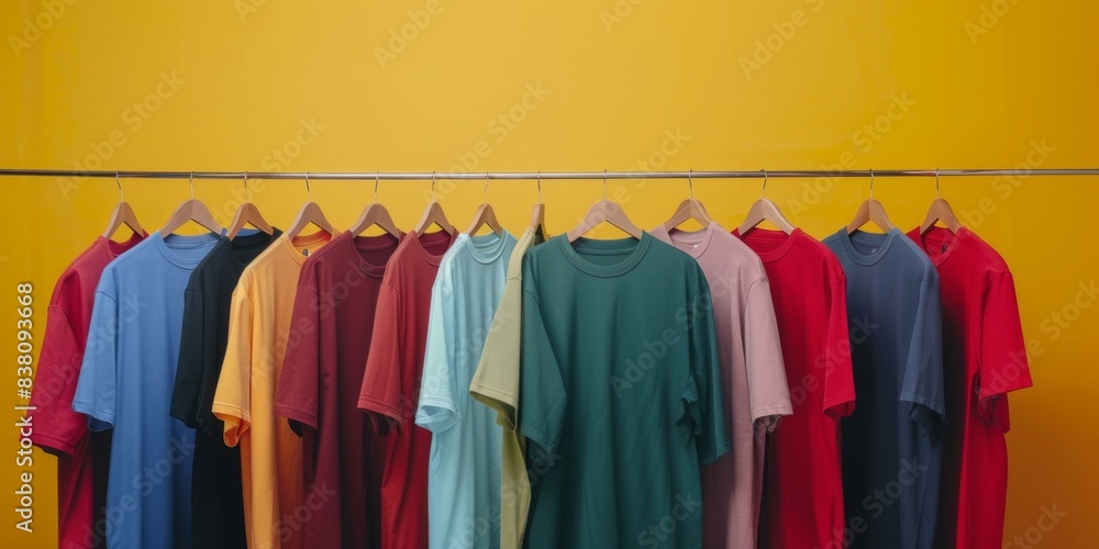 Fototapeta premium Row of t-shirts of different colors, simple bright background, clothing, simplicity, summer, decoration, fashion item, marketing background, uniqueness, individual independent existence, multiracial 