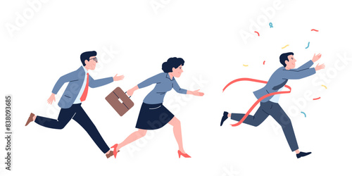 Businessman crossing finish line. Corporate competition winner, success full victory. Office people race on work, motivation leader recent vector scene